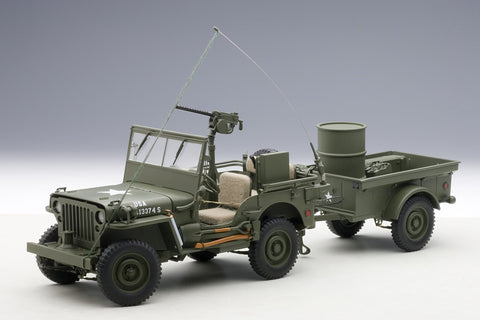 AUTOart: 1943 Willy's Jeep 1:18 Diecast Model Car with Trailer and Accessories